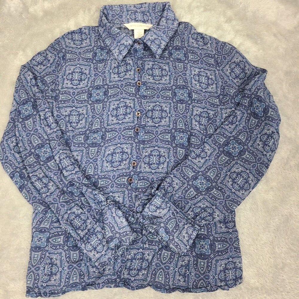 Petite Sophisticate Size‎ 8Long Sleeve Rayon Blue Button Down Womens Blouse